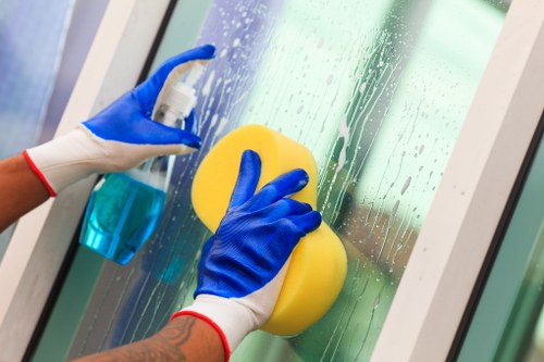 Cleaning high windows with extension pole during window cleaning
